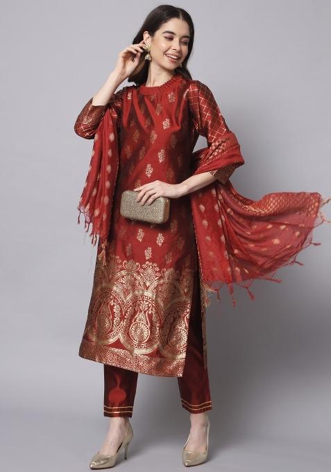 Maroon Woven Cotton Blend Salwar Kameez With Dupatta