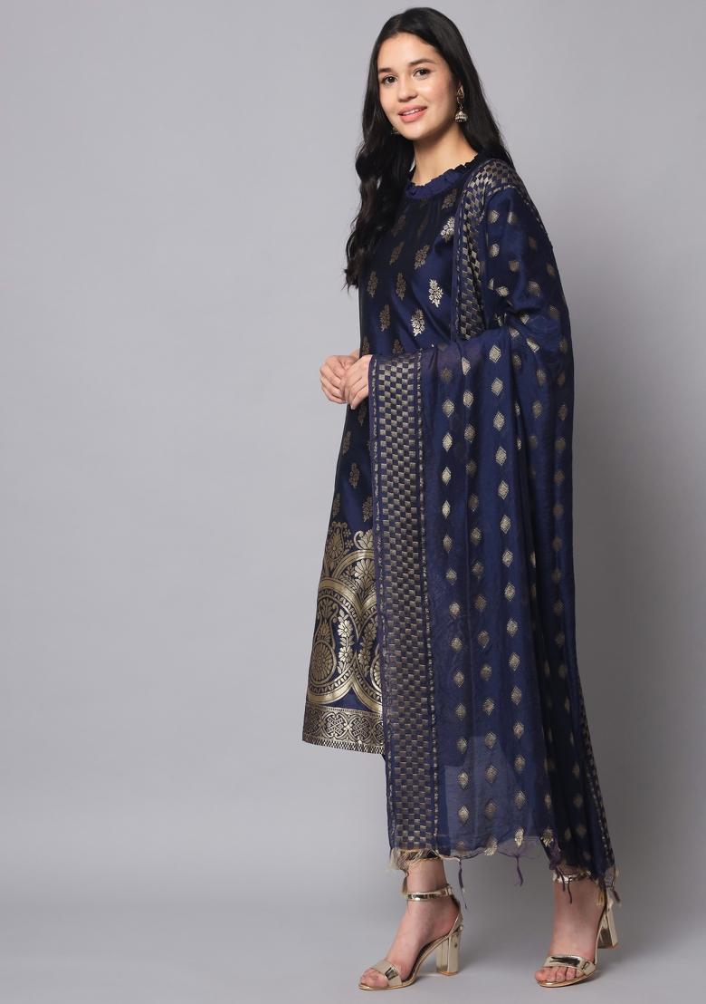 Blue Woven Cotton Blend Salwar Kameez With Dupatta