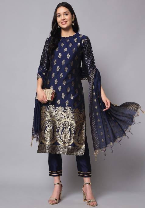 Blue Woven Cotton Blend Salwar Kameez With Dupatta