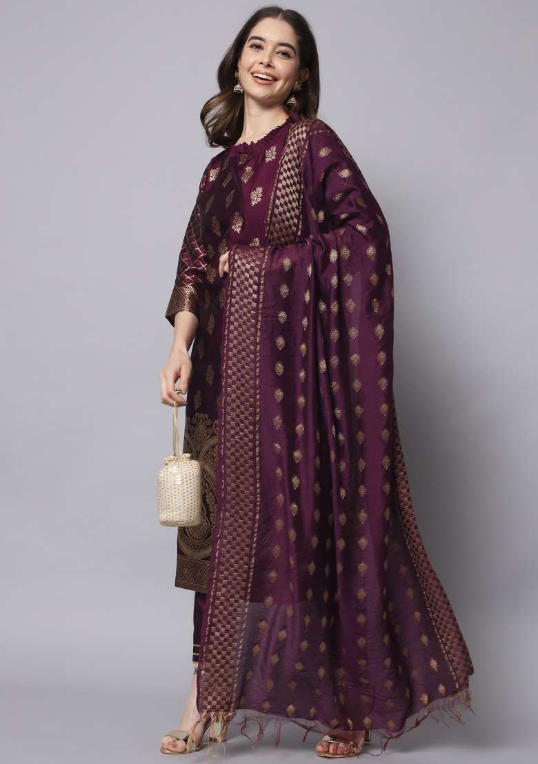 Purple Jacquard Blended Straight Kurta Set - Indya