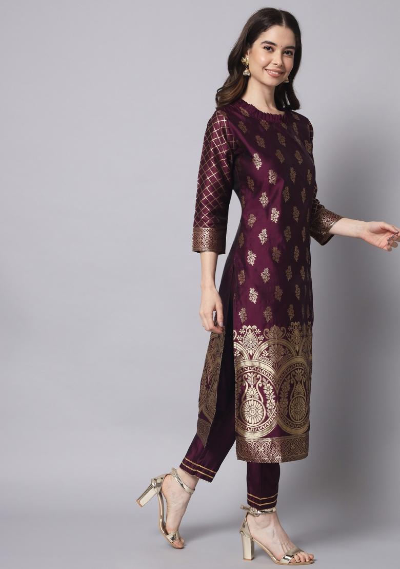Purple Woven Cotton Blend Salwar Kameez With Dupatta