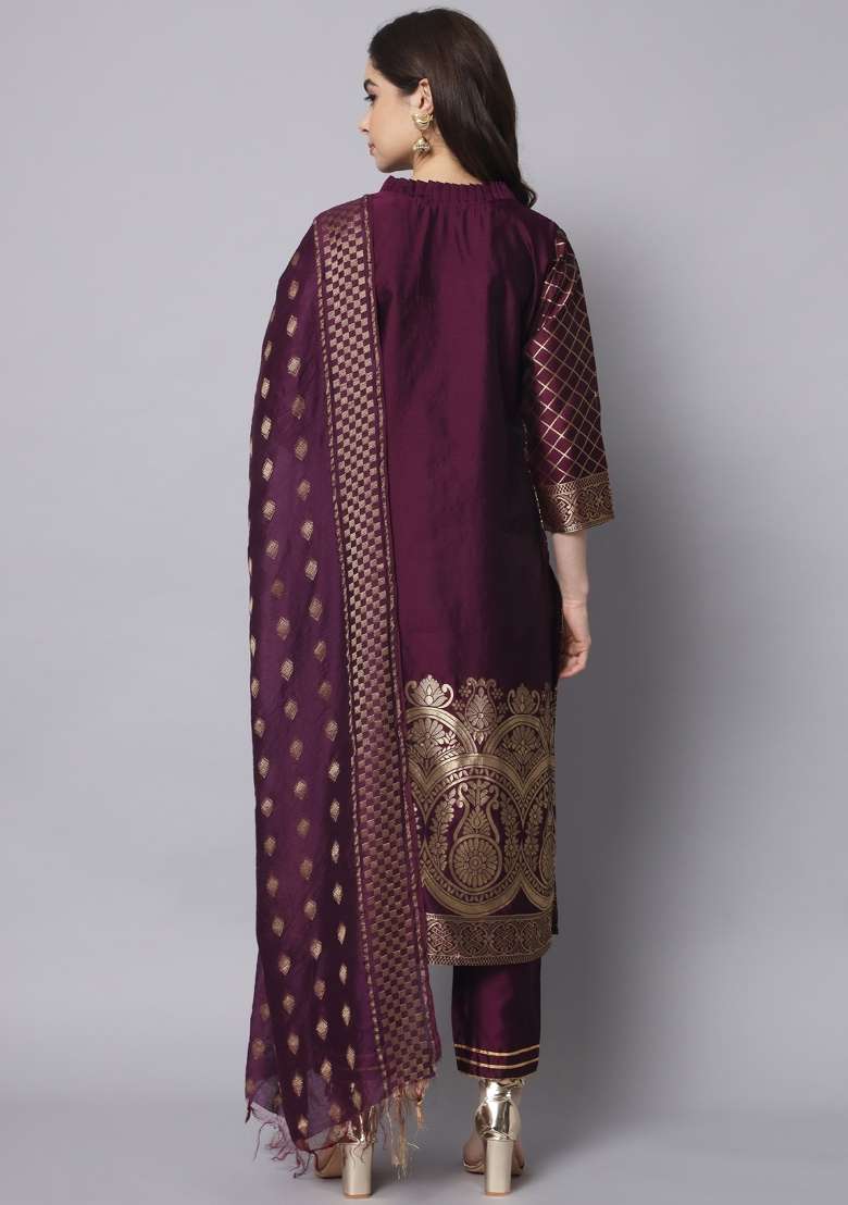Purple Jacquard Blended Straight Kurta Set - Indya