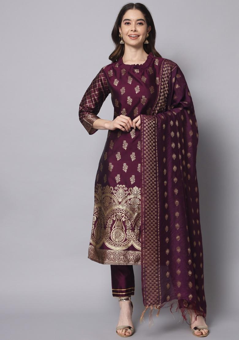 Purple Woven Cotton Blend Salwar Kameez With Dupatta
