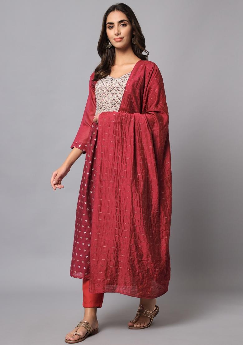 Purple Embroidered Chanderi Salwar Kameez With Dupatta
