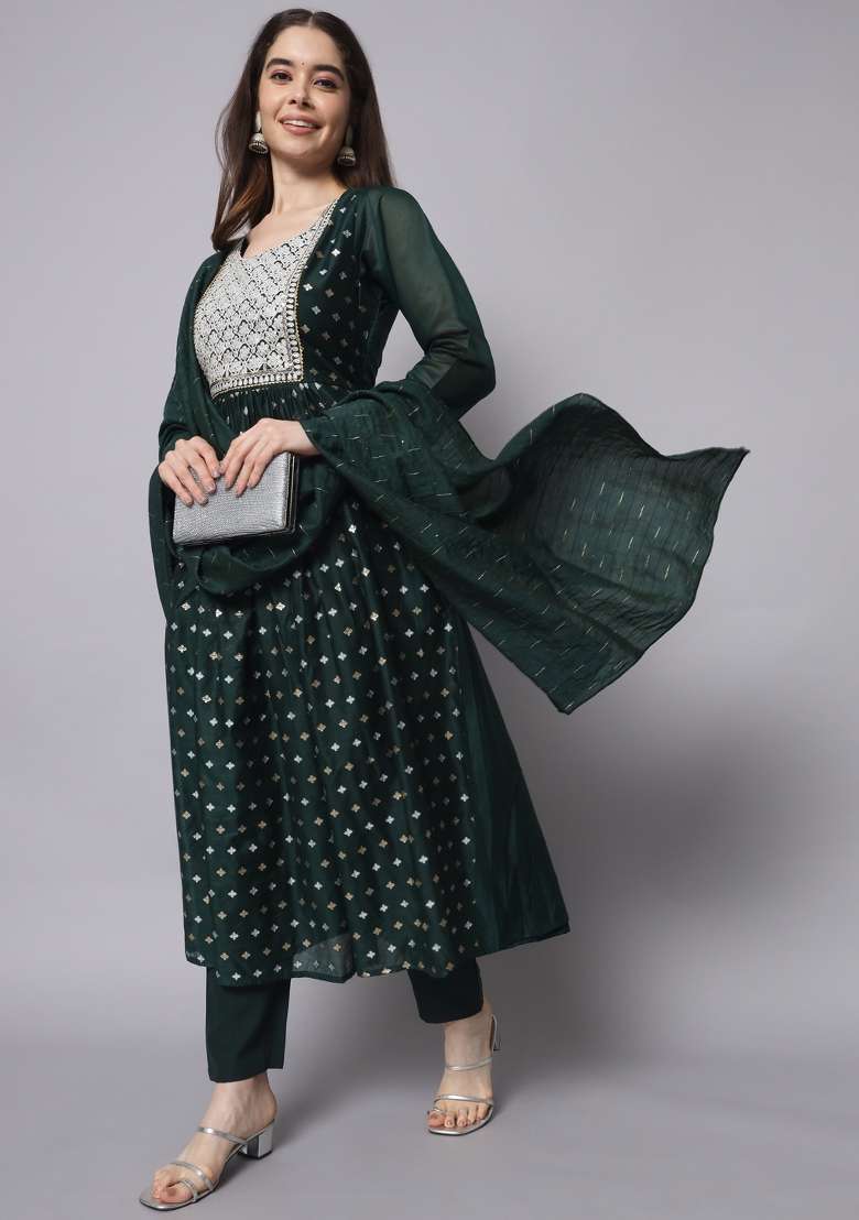 Green Embroidered Chanderi A Line Kurta Set - Indya