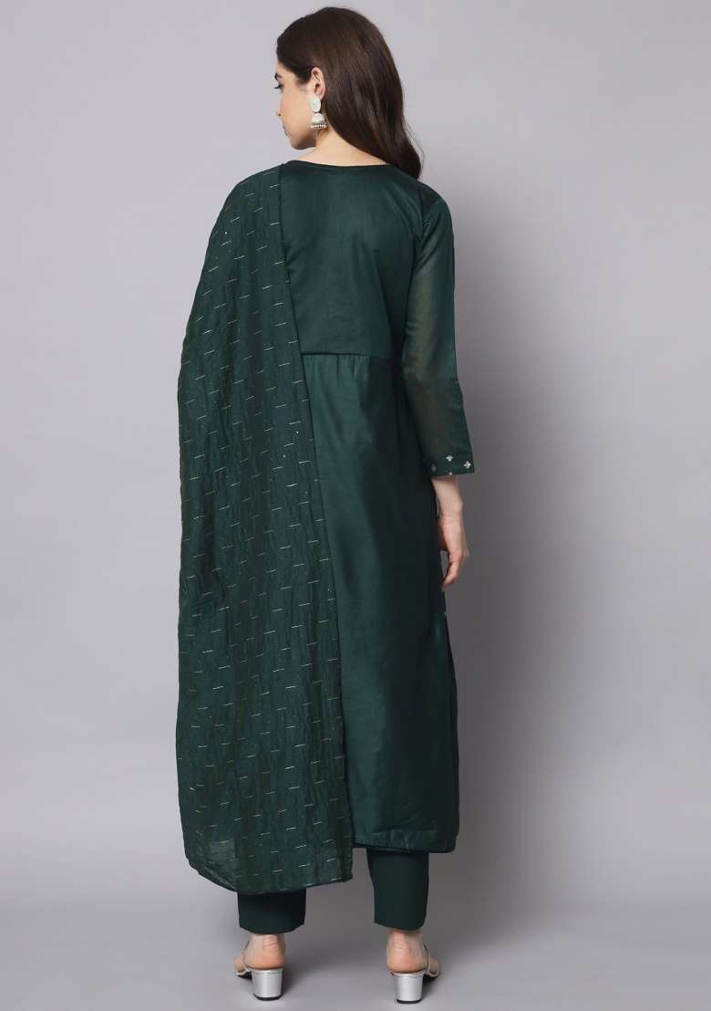Green Embroidered Chanderi A Line Kurta Set - Indya