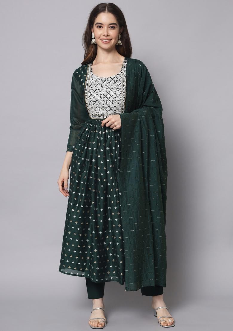Green Embroidered Chanderi Salwar Kameez With Dupatta