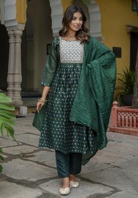 Green Embroidered Chanderi Anarkali Set