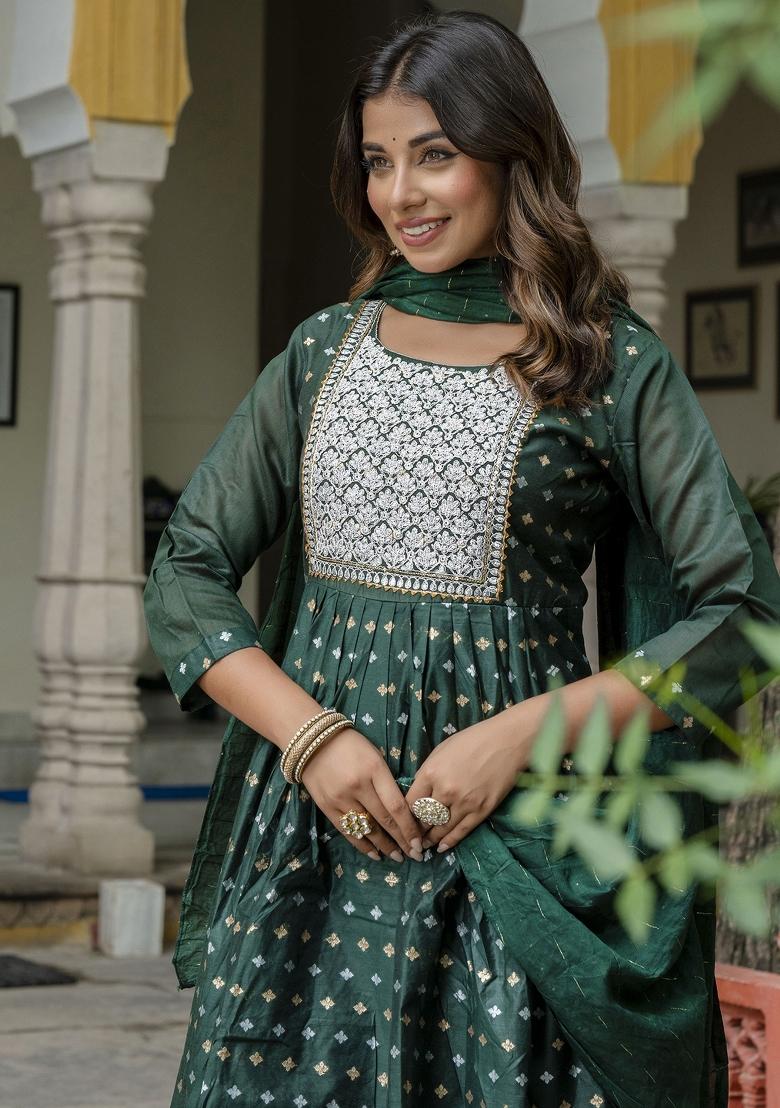 Green Embroidered Chanderi Anarkali Set