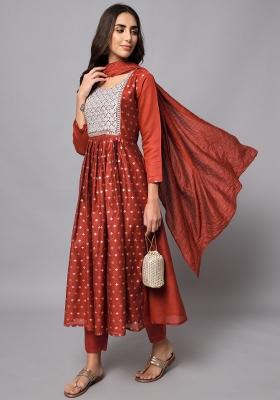 Maroon Embroidered Chanderi Anarkali Set