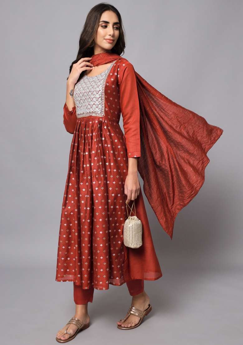 Maroon Embroidered Chanderi Anarkali Set - Indya