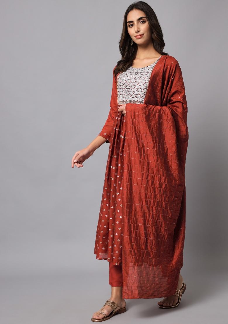 Maroon Embroidered Chanderi Anarkali Set
