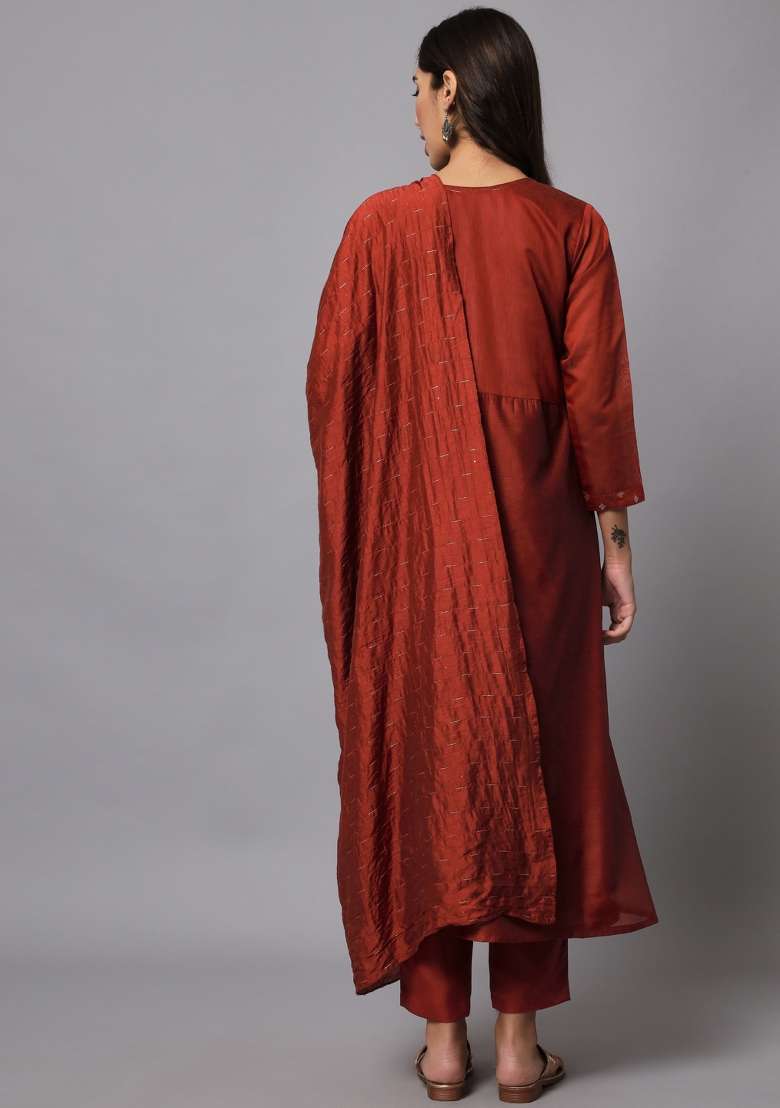 Maroon Embroidered Chanderi Anarkali Set - Indya