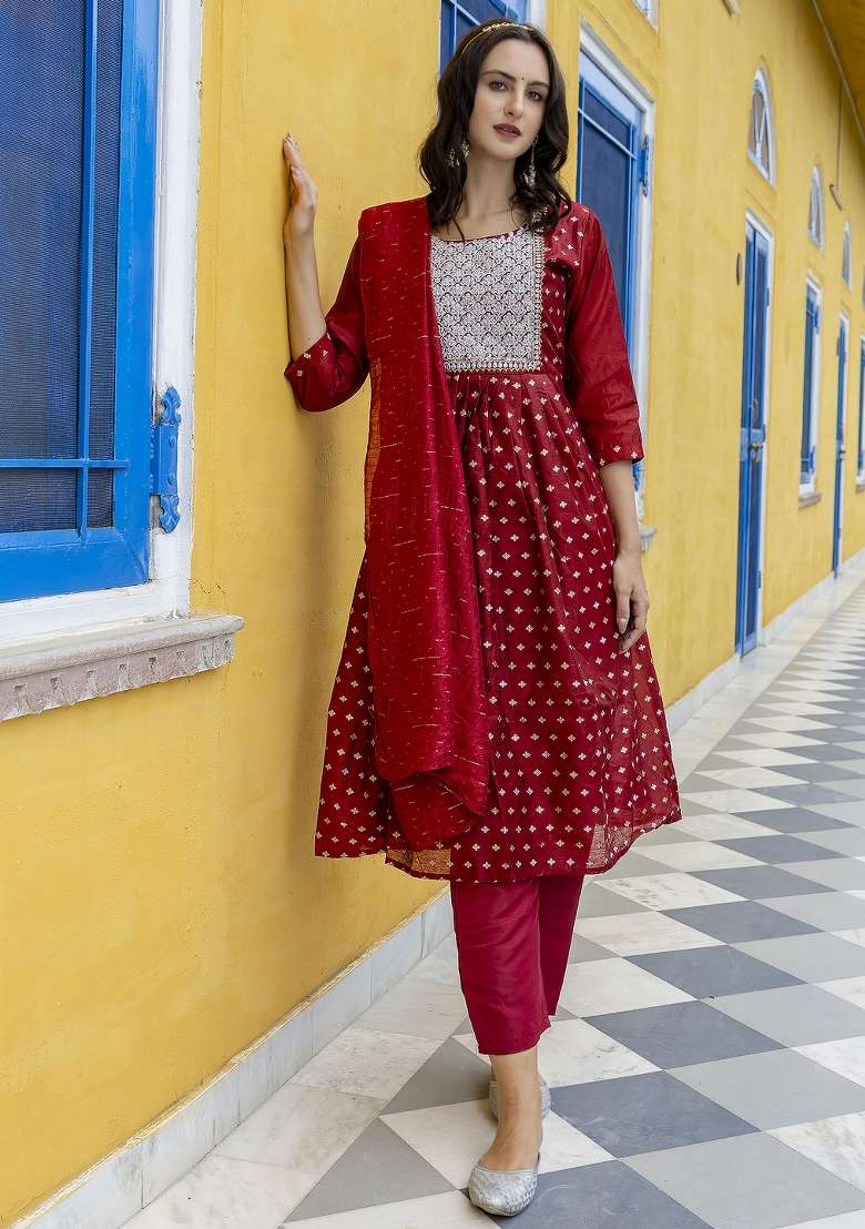 Maroon Embroidered Chanderi Anarkali Set - Indya