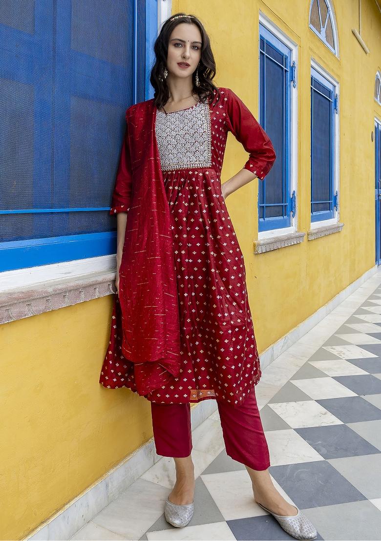 Maroon Embroidered Chanderi Anarkali Set