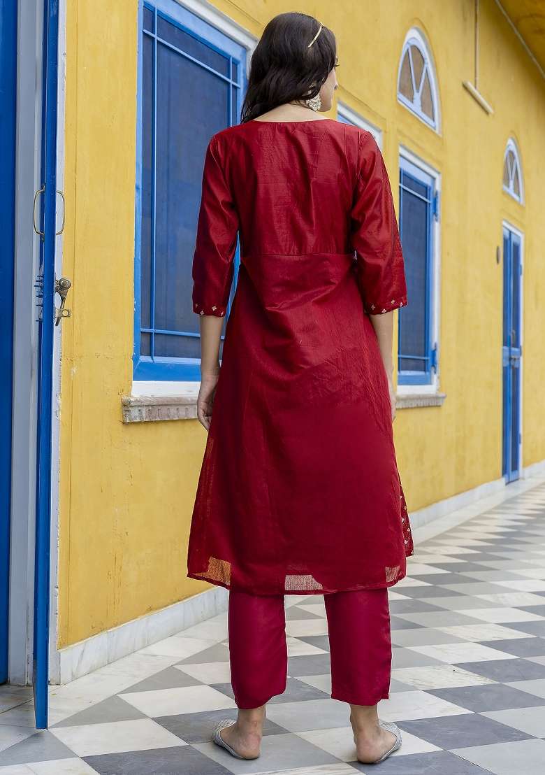 Maroon Embroidered Chanderi Anarkali Set - Indya