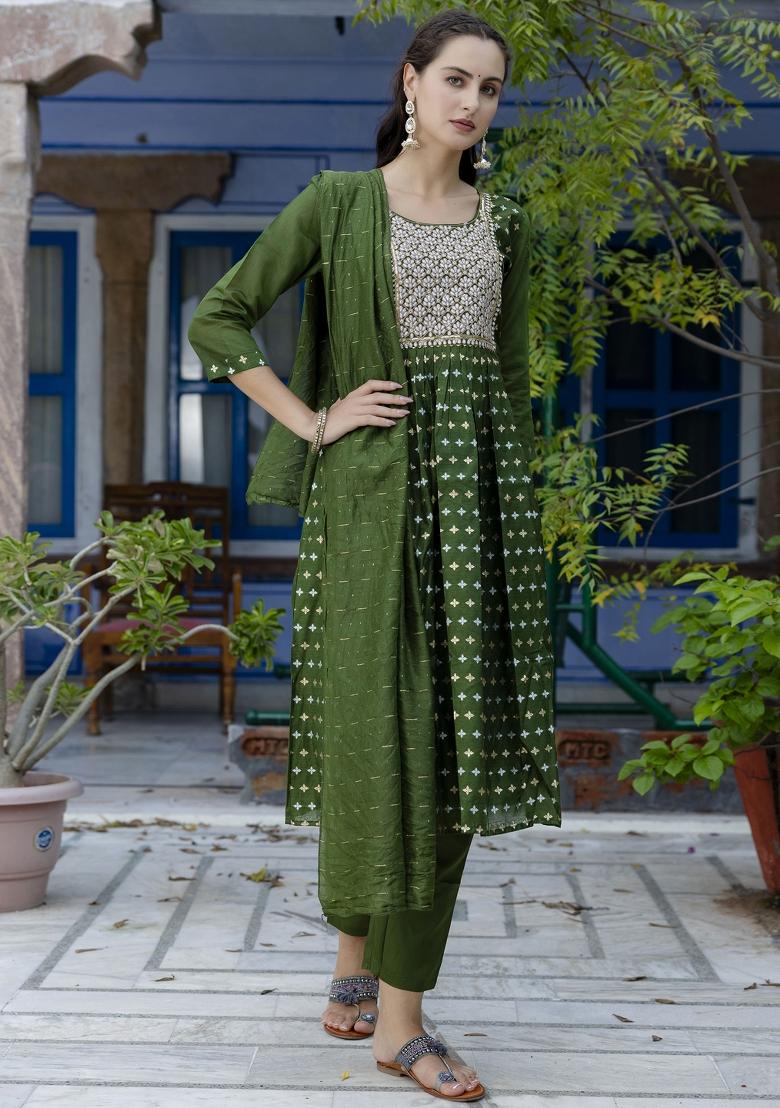 Mehendi Green Embroidered Chanderi Anarkali Set