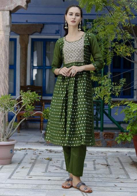 Mehendi Green Embroidered Chanderi Anarkali Set