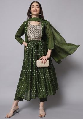 Mehendi Green Embroidered Chanderi Anarkali Set
