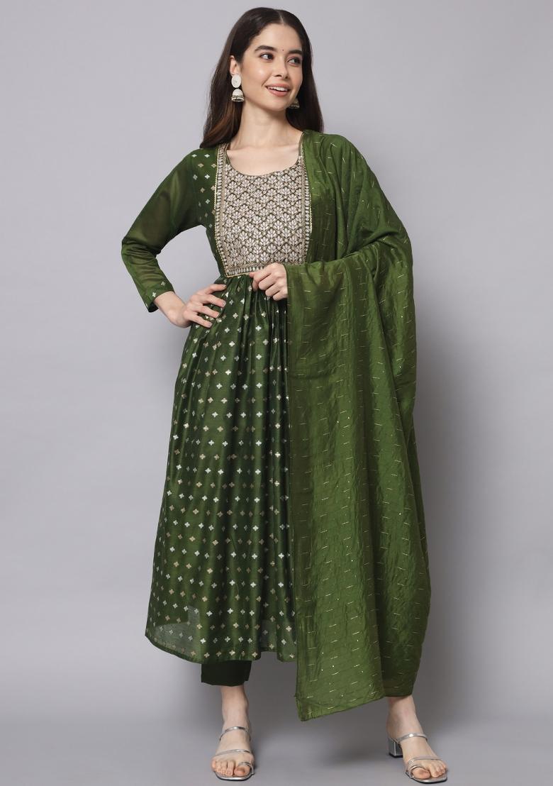 Mehendi Green Embroidered Chanderi Anarkali Set