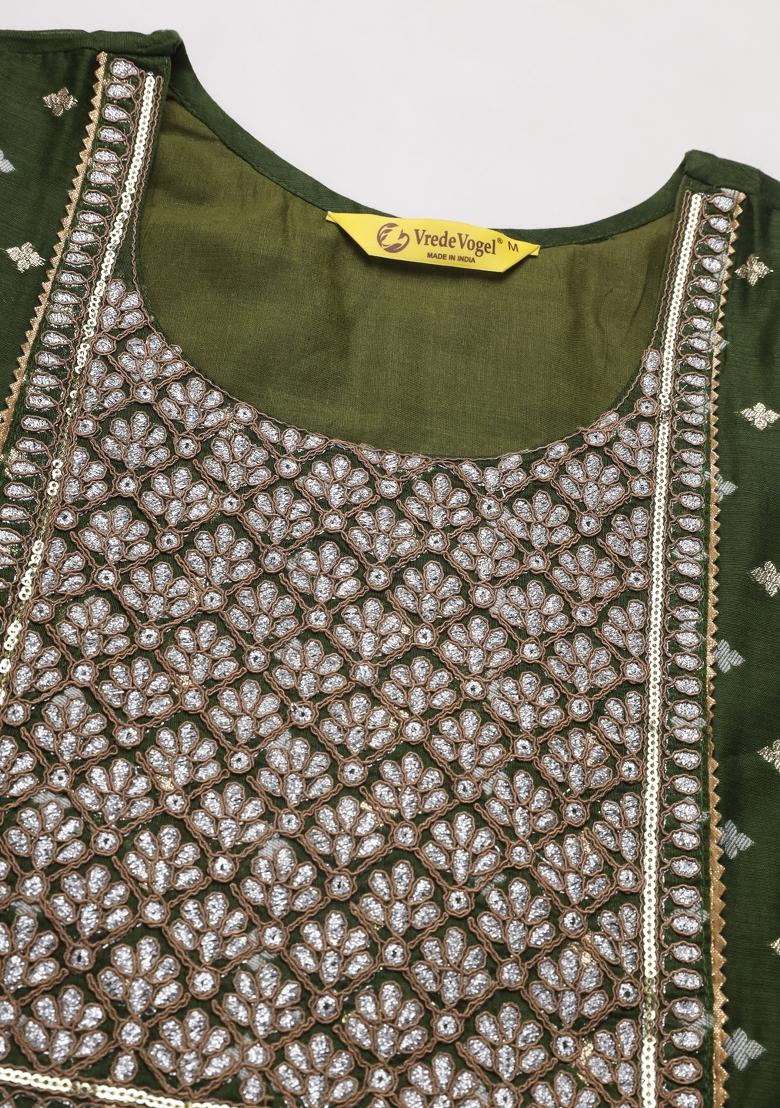 Mehendi Green Embroidered Chanderi Anarkali Set