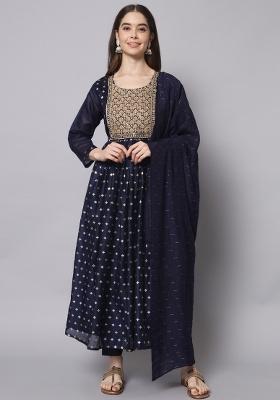 Blue Embroidered Chanderi Anarkali Set