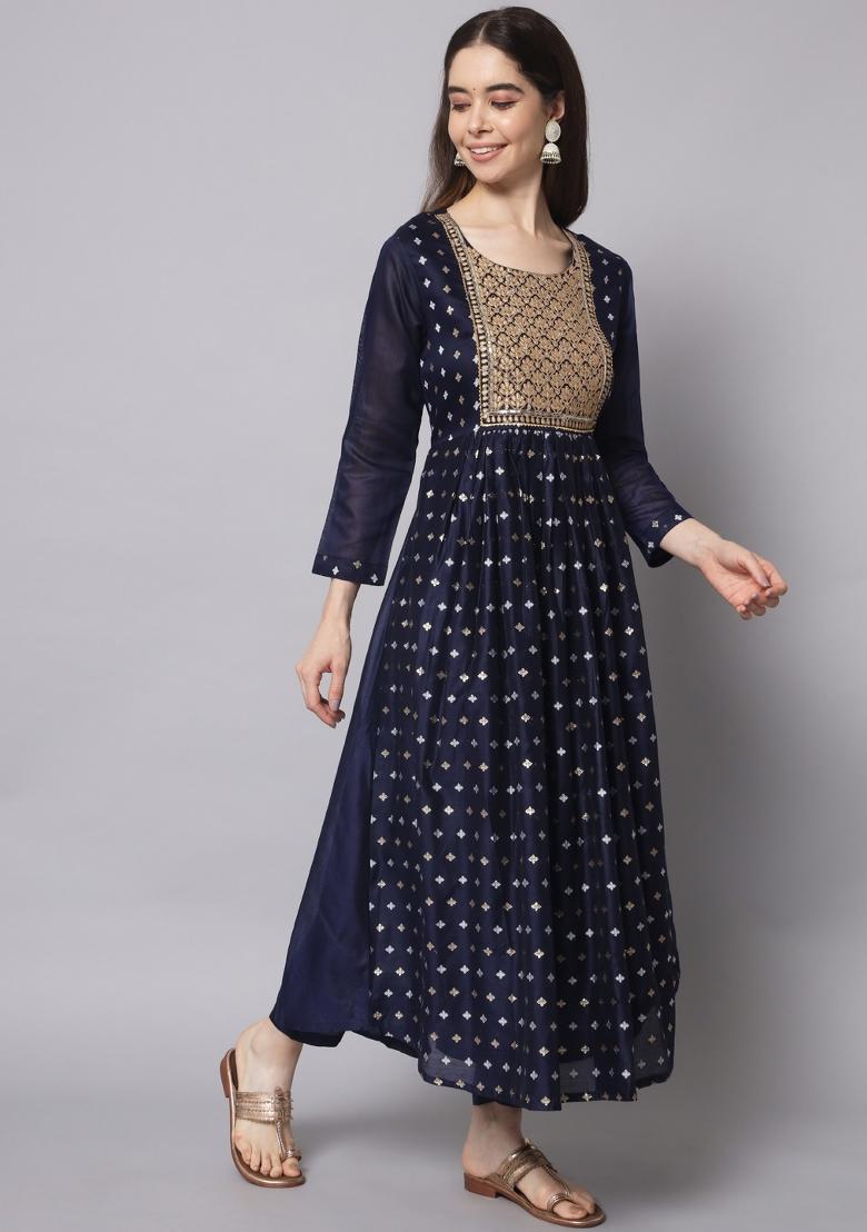 Blue Embroidered Chanderi Anarkali Set