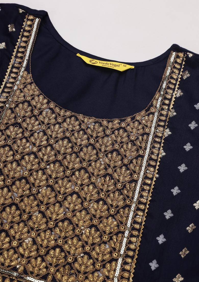 Blue Embroidered Chanderi Anarkali Set