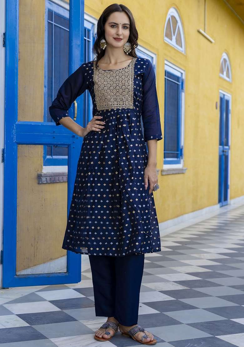 Navy Blue Embroidered Chanderi Anarkali With Dupatta - Indya