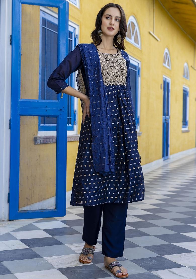 Navy Blue Embroidered Chanderi Anarkali Set