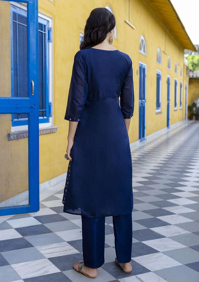 Navy Blue Embroidered Chanderi Anarkali With Dupatta - Indya