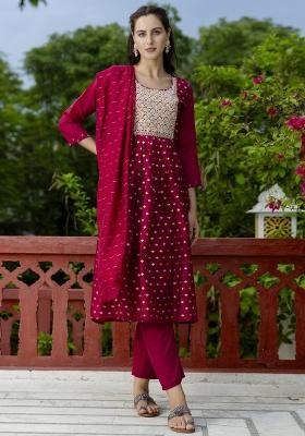 Purple Embroidered Chanderi Anarkali Set