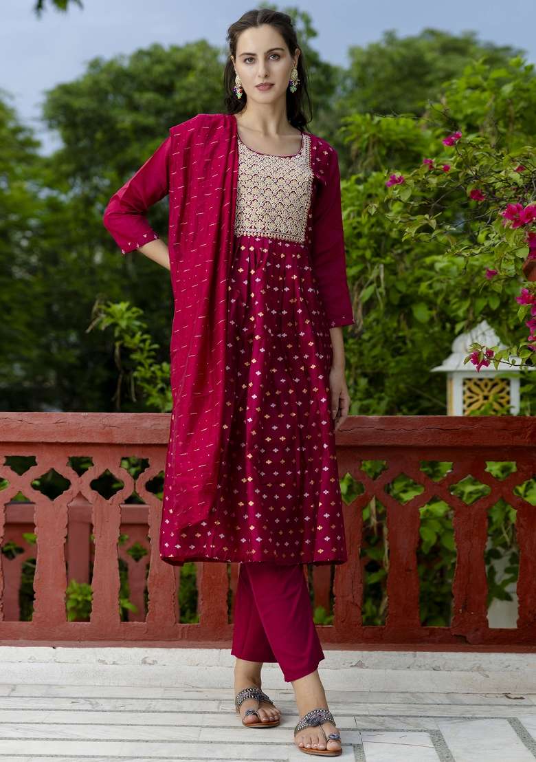 Purple Embroidered Chanderi Anarkali With Dupatta - Indya