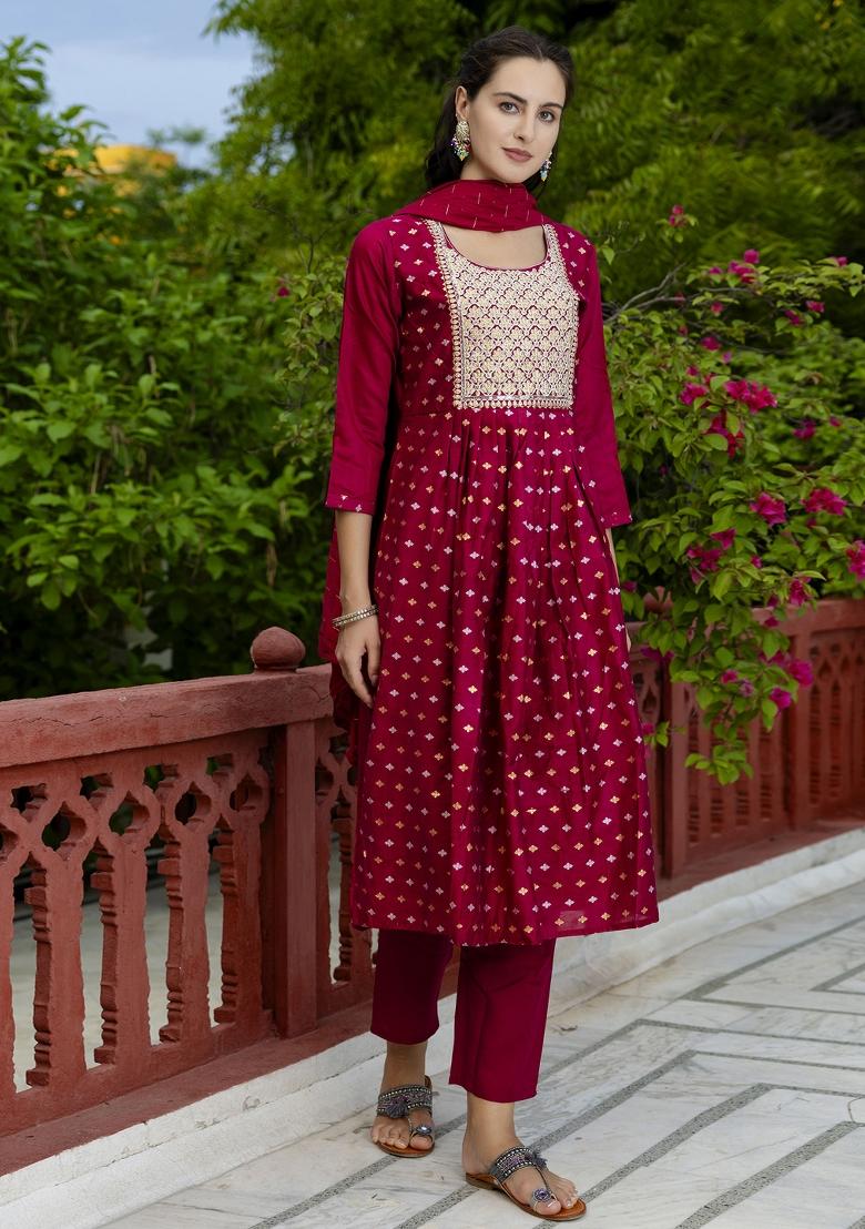 Purple Embroidered Chanderi Anarkali Set