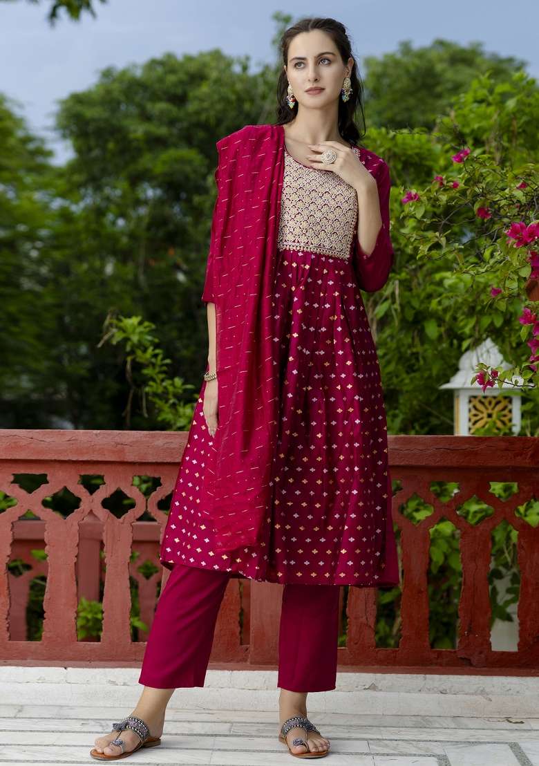Purple Embroidered Chanderi Anarkali With Dupatta - Indya