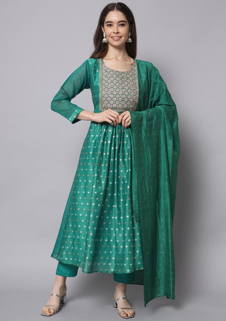 Rama Blue Embroidered Chanderi Anarkali Set