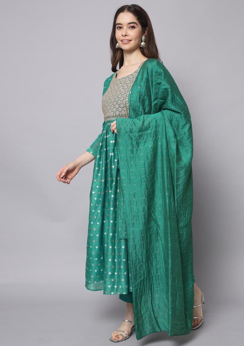 Rama Blue Embroidered Chanderi Anarkali Set