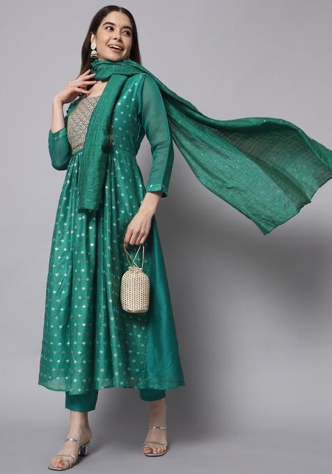 Rama Blue Embroidered Chanderi Anarkali Set