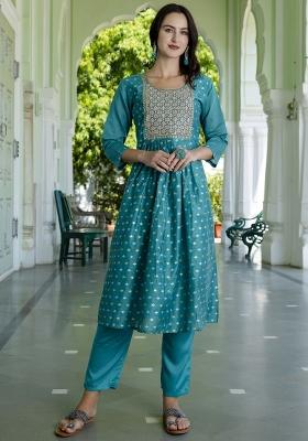 Rama Blue Embroidered Chanderi Anarkali Set
