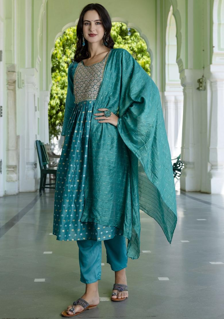 Rama Blue Embroidered Chanderi Anarkali Set