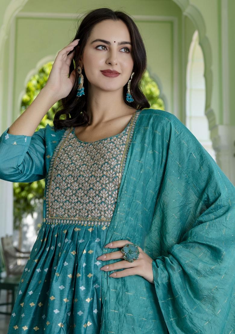 Rama Blue Embroidered Chanderi Anarkali Set