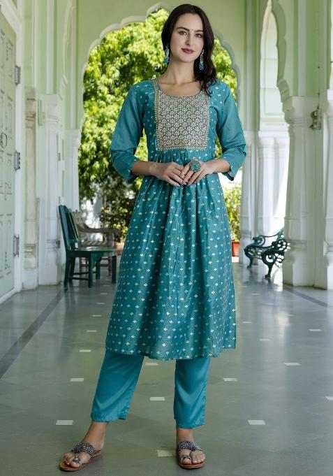 Rama Blue Embroidered Chanderi Anarkali Set