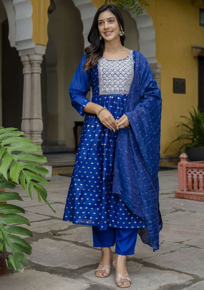 Blue Embroidered Chanderi Anarkali With Dupatta - Indya