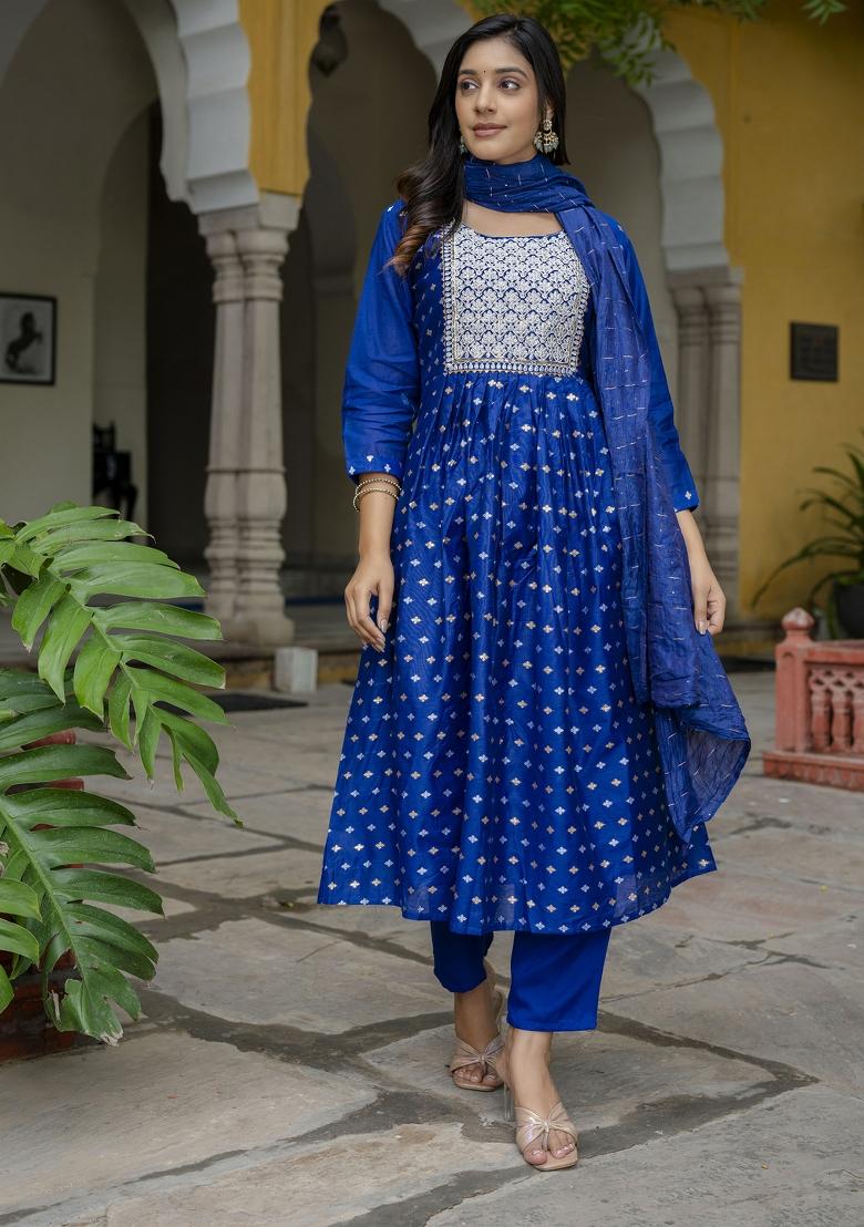 Blue Embroidered Chanderi Anarkali Set