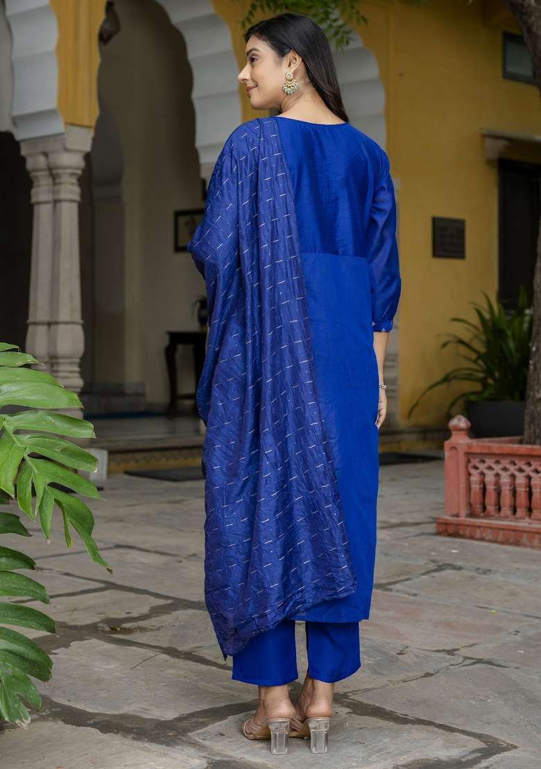 Blue Embroidered Chanderi Anarkali With Dupatta - Indya