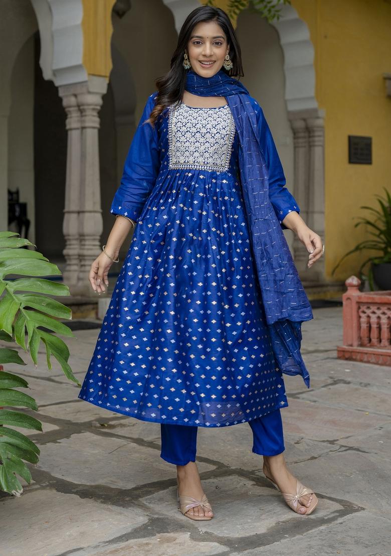 Blue Embroidered Chanderi Anarkali Set