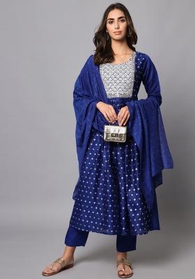 Blue Embroidered Chanderi Anarkali Set