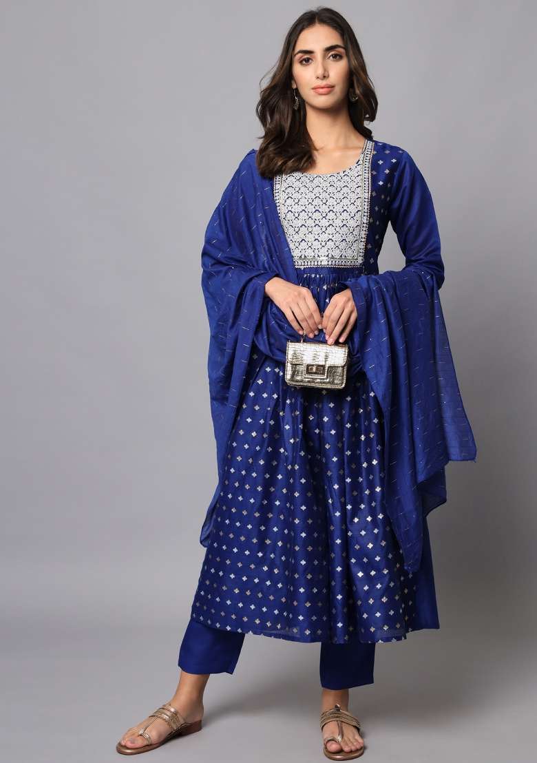 Blue Embroidered Chanderi Anarkali With Dupatta - Indya