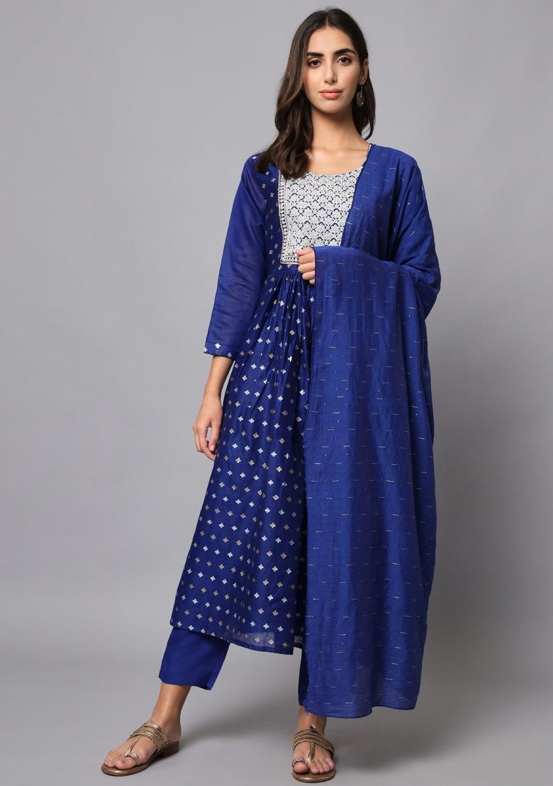 Blue Embroidered Chanderi Anarkali Set