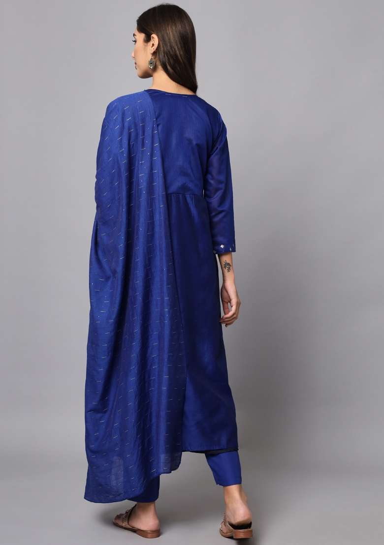 Blue Embroidered Chanderi Anarkali With Dupatta - Indya